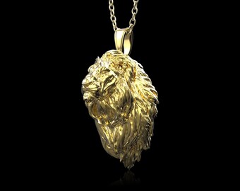 18K Gold Plated Lion Pendant with Big Mane, Lion King Pendant for Men, Wildlife Jewelry, Leo Jewlery, Pendant for Thick Chain, Pendant Only