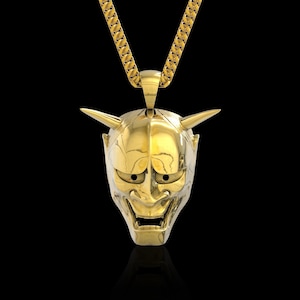18K Gold Plated Brass Japanes Hannya Mask Pendant Necklace, Devil Oni Pendant, Japanese Symbol, Samurai Pendant, Kabuki Mask, Pendant Only