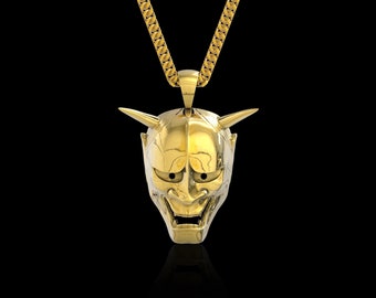 18K Gold Plated Brass Japanes Hannya Mask Pendant Necklace, Devil Oni Pendant, Japanese Symbol, Samurai Pendant, Kabuki Mask, Pendant Only