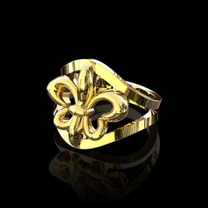 Yellow Gold Plated Fleur De Lis Chevalier Ring, Saints Ring, French Flower Ring, Heraldic Lily Ring, French Vintage Jewelry, Statement Ring