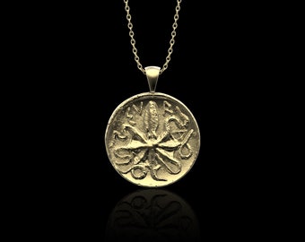 Bronze Ancient Octopus Coin Pendant Necklace, Greek Octopus Necklace, Ancient Double Sided Medallion Necklace, Greek Coin, Pendant Only