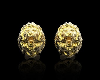Gemelos de león enojado chapados en oro de 18 quilates, gemelos del rey león, gemelos de animales, joyas del zodíaco, accesorios para trajes, regalo de amante del león, regalo para él