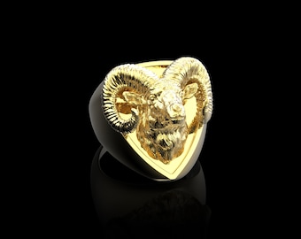 18K Gold Plated Big Horned Ram Ring, Animal Ring for Men, Goat Ring, Baphomet Animal Ring, Men Jewelry, Horoscope Ring, Aries Zodiac Ring
