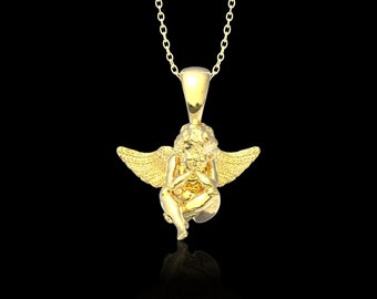 Collar de ángel chapado en oro de 18 quilates, colgante de ángel, dijes de ángel, colgante de ángel bebé, collar de ángel guardián bebé, joyería con alas de ángel, solo colgante