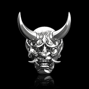 Épinglette de masque Hannya japonaise en argent sterling, broche pour costume, bijoux masque Hanny, broche diable oni, insigne de samouraï japonais, broche masque de démon