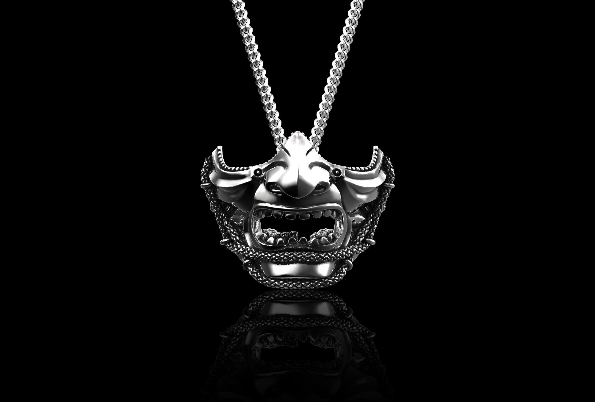 Stering Silver Half Face Samurai Mask Pendant, Vintage