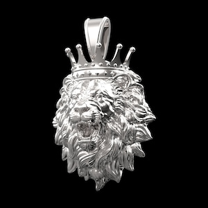 High-Gloss Sterling Silver Roaring Lion King Pendant For Thick Chains, Leo Pendant, Crown Wearing Lion Pendant Gift For Him Lion Men Jewelry
