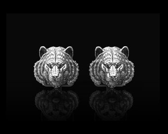 Antique Sterling Silver Tiger Cufflinks, Bengal Tiger, Wild Tiger Silver Men Cufflinks, Siberian Tiger, Mens Tiger Cufflinks, Animal Jewelry