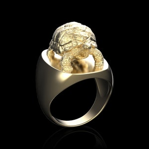 Op de afbeelding: Een gouden ring met een gedetailleerd schildpadbeeldje erop. De ring is van het signet-type met een afgeronde bovenkant.