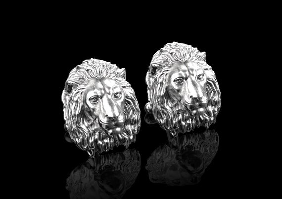 Boutons De Manchette Vintage Argent Et Or - Motif Lion Et Buffle - Parfait état - Pour Hommes