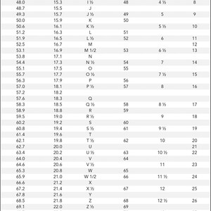Puede incluir: Un gr&aacute;fico que muestra los tama&ntilde;os de los anillos en mil&iacute;metros y pulgadas, junto con los tama&ntilde;os correspondientes para el Reino Unido, Europa, los Estados Unidos y Jap&oacute;n. El gr&aacute;fico tambi&eacute;n incluye instrucciones sobre c&oacute;mo medir el tama&ntilde;o de tu anillo en casa usando una tira de papel.