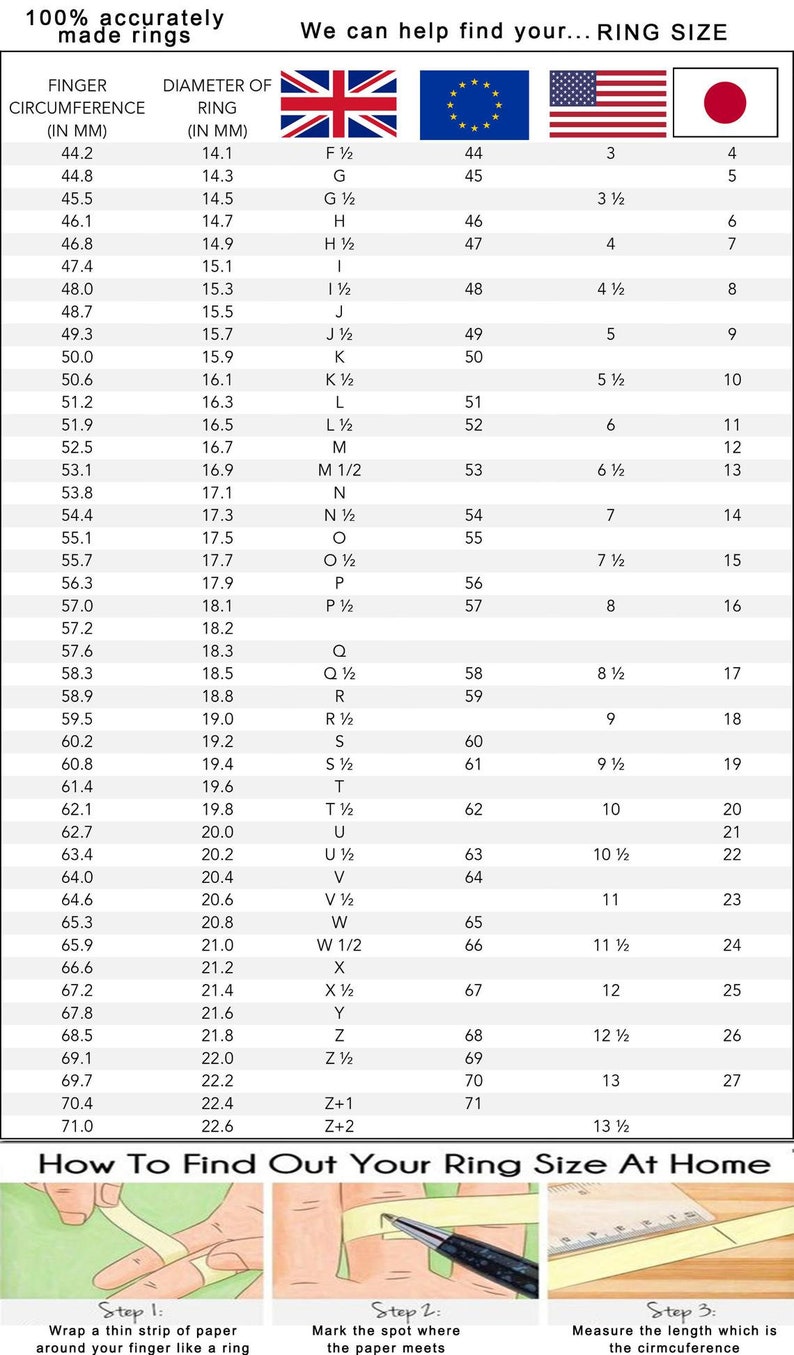 Puede incluir: Un gr&aacute;fico que muestra los tama&ntilde;os de los anillos en mil&iacute;metros y pulgadas, junto con los tama&ntilde;os correspondientes para el Reino Unido, Europa, los Estados Unidos y Jap&oacute;n. El gr&aacute;fico tambi&eacute;n incluye instrucciones sobre c&oacute;mo medir el tama&ntilde;o de tu anillo en casa usando una tira de papel.