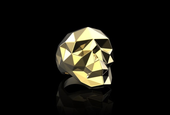 Yellow Gold Plated Low Poly Men Skull Ring, Biker Ring, Unique Ring Mens Gothic Skull Ring, Low Poly Paper Art Ring, Skull Handmade Ring