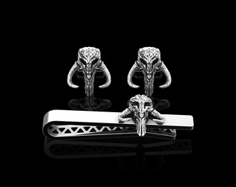 Sterling Silver Star Wars Mandalorian Mythosaur Cufflinks & Tie Clip, Mens Suit Accessory Set of 3 Pieces, Father Gift, Husband Present