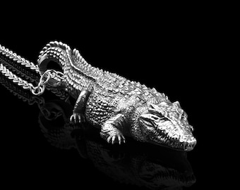 Antique Sterling Silver Alligator Pendant, Large Alligator Necklace, Saltwater Crocodile Pendant, Symbol of Life, Gift For Him, Pendant Only