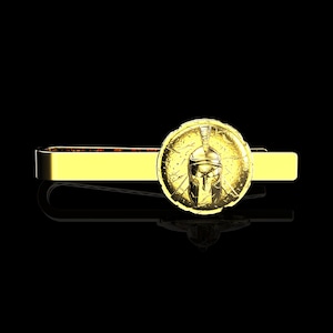 Yellow Gold Plated Spartan Warrior Helmet Shield Tie Clip, Spartan Tie Clip, Spartan Shield Tie Bar, Greek Warrior Men Jewelry, Gift For Him