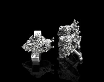 Set De Boutons De Manchette Et Pince à Cravate – Style Art Déco Lion Héraldique – Finition Argentée Et Noir – Pour Homme