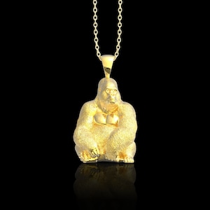 Yellow Gold Plated Calm Gorilla Pendant, Mountain Gorilla Silver Jewelry, Animal Necklace, Men Accessory, Valentine&#39;s Day Gift, Pendant Only