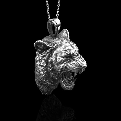 Sterling Silver Tiger Head Men Necklace, Angry Tiger shops Men Pendant, Wild Tiger Silver Men's Necklace, Angry Tiger Necklace, Pendant Only