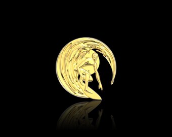 18K Gold Plated Surf Lapel Pin, Hawaiian Surfer Brooch, Surf Wave Badge, Surfing Jewelry, Round Surf Medallion, Groom Wedding Gift