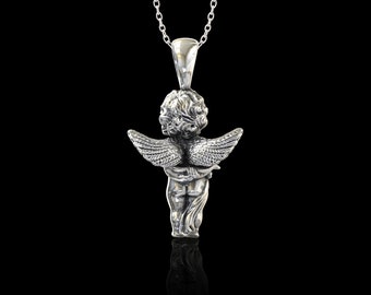 Sterling Silver Angel Charm Pendant Necklace, Cherub Charm, Baby