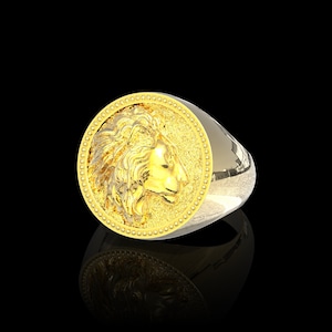 18K Gold Plated Lion Ring, Handmade Mens Ring, Men&#39;s Jewelry, Gift for Him, Zodiac Ring, Ring For Husband, Animal Jewelry, Leo Biker Ring