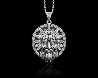 Ciondolo in argento sterling con uomo verde, collana con foglia celtica, regalo per lui, gioielli da uomo, gioielli della rinascita, ciondolo con volto a foglia, solo ciondolo