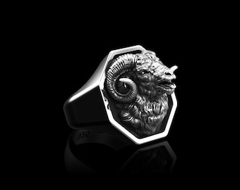 Sterling Silver Bleating Ram Head Men Ring Jewelry For Men Animal Ring for Men Goat Ring Baphomet Animal Ring Mens Jewelry Horoscope Ring