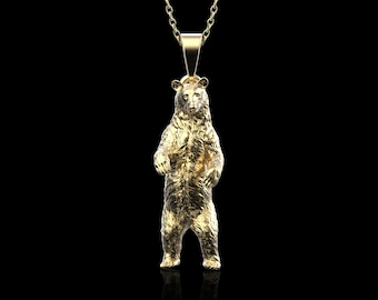 Bronze Big Brown Standing Bear Solid Pendant, Grizzly Bear Necklace Bear Charms, Silver Bear Jewellery, Biker Bear Necklace, Pendant Only