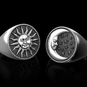 Anillos de pareja de plata esterlina con sol y luna, anillo de cielo diurno y nocturno, anillo de luna creciente, anillo celestial, juego de anillos para novios, regalo de bodas