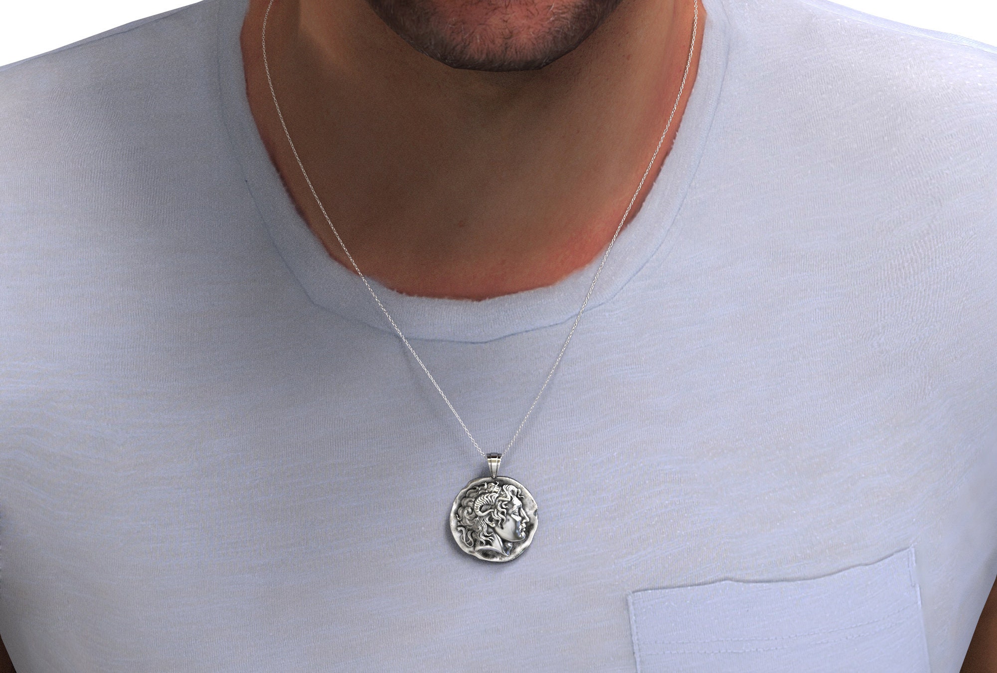 Collana con moneta di Alessandro Magno, collana con moneta d'argento, ciondolo con moneta d'oro, ciondolo con moneta d'argento, ciondolo con sole di Vergina, gioielli greci - Italia