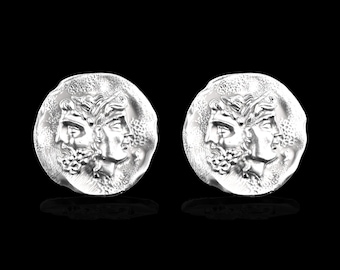 Gemelos de plata con monedas antiguas, gemelos de monedas antiguas, gemelos de monedas griegas de Jano, gemelos de monedas romanas, gemelos de plata griega de Atenea, joyería para hombre.
