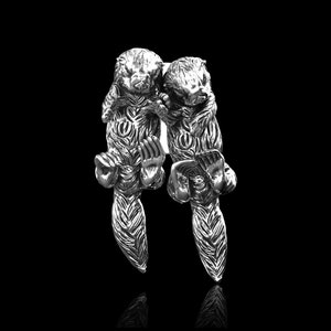 Sterling Silver Otters Lapel Pin, Sea Otter Brooch, Cute Pair Of Otters Wildlife Badge, Sea Life And Nautical Beach jewelry,Suit Accessories