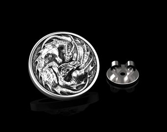 Sterling Silver Two Dargons Men Lapel Pin, Celtic Dragon Brooch, Viking Dragon Badge, Silver Dragon Charm, Fantasy Jewelry, Suit Accessories