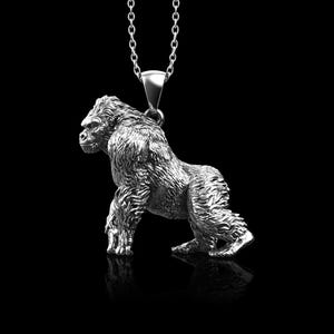 Sterling Silver Solid Gorilla Pendant, Mountain Gorilla Silver Jewelry, Animal Necklace, Men&#39;s Accessory, Valentine&#39;s Day Gift, Pendant Only