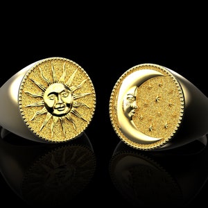 Anillos de pareja con sol y luna bañados en oro amarillo, anillo de cielo diurno y nocturno, anillo de luna creciente, anillo de pareja, conjunto de anillos para novios, regalo de boda.