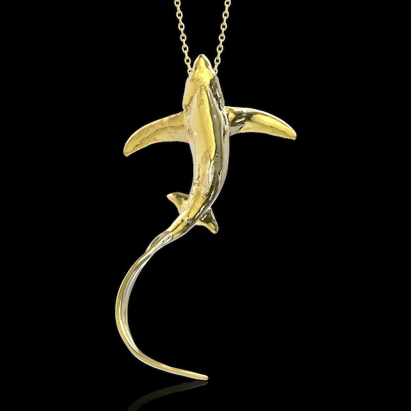 Yellow Gold Plated Thresher Shark Pendant Life Like Long Tail Shark Pendant Sealife Jewelry Ocean Nautical Scuba Diver Jewelry Pendant Only