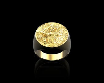 Anillo de San Miguel Arcángel bañado en oro de 18 quilates, joyería cristiana espiritual, don de protección divina, anillo angelical, joyería católica religiosa