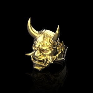 18K Gold Plated Japanes Hannya Mask Men Ring, Devil Oni Ring, Japanese Symbol, Samurai Ring, Kabuki Mask, Japanese Style Demon Mask Ring