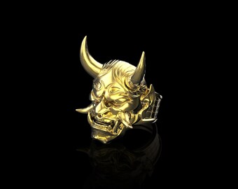 Vergulde messing Hannya-maskerring, Japanse oni-samoerairing