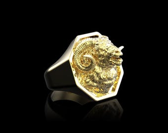 18K Gold Plated Bleating Ram Head Men Ring Jewelry For Men Animal Ring for Men Goat Ring Baphomet Animal Ring Mens Jewelry Horoscope Ring