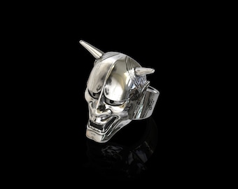 Sterlingzilveren Hannya-maskerring, Japanse oni-demoon, samoerai-sieraden