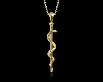 純金製アスクレピオスの杖ペンダントネックレス、14K 18Kゴールド製