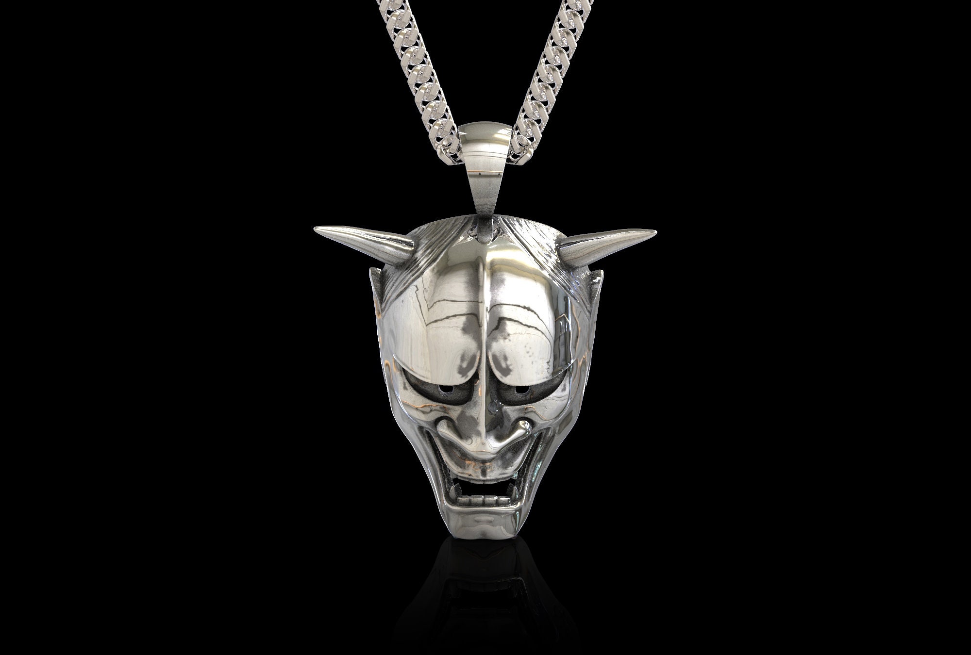 Sterling Silver Japanes Hannya Mask Pendant Necklace, Devil Oni