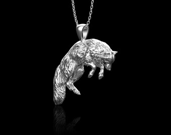 Sterlingzilveren Jumping Fox Soild-hanger, dierlijke herensieraden, Fox Man-ketting, op de natuur geïnspireerde bosschepsel-sieraden, alleen hanger