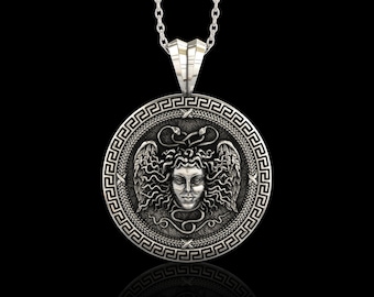Antik sterlingsilver Gorgon Medusa herrhalsband Antik grekisk mytologi Medusa-hänge Gåva till honom Antik grekisk symbol, endast hänge