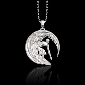 925 Sterling Silver Surf Pendant Necklace, Hawaiian Surfer Charm, Surf Wave Pendant, Surfing Jewelry, Round Surf Medallion, Pendant Only