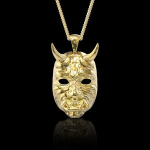 Collier pendentif diable oni japonais plaqué or jaune, pendentif masque Hannya, pendentif masque démon kabuki, collier motard et cavalier, pendentif uniquement