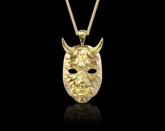 Yellow Gold Plated Japanes Devil Oni Pendant Necklace, Hannya Mask Pendant, Demon Kabuki Mask Pendant, Biker & Rider Necklace, Pendant Only
