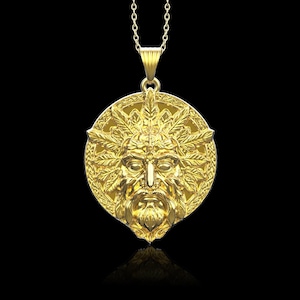 18K Gold Plated Green Man Pendant, Celtic Leaf Man Necklace, Gift For Him, Men&#39;s Jewelry, Rebirth Jewelry, Leaf Face Charm, Pendant Only